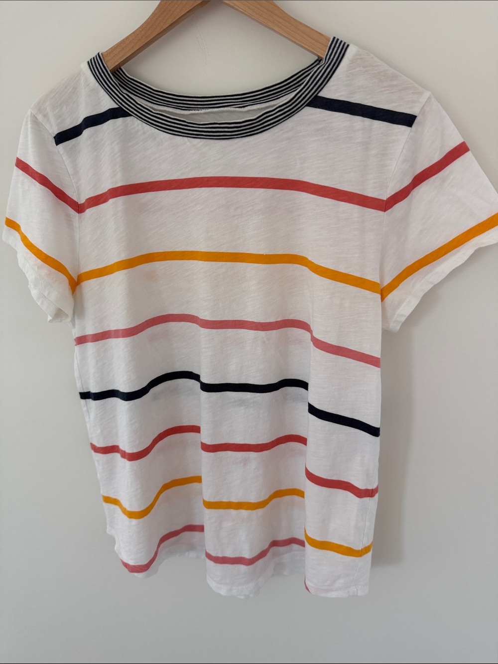 LOFT White Short Sleeve Tee with Navy, Coral, Pink & Mustard Stripes Size XL